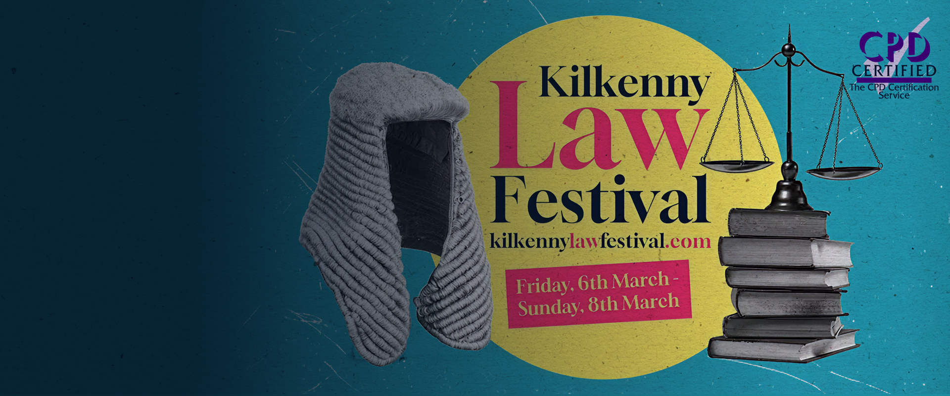 Kilkenny Law Festival artwork with barrister's wig, scales, books, and CPD certification mark